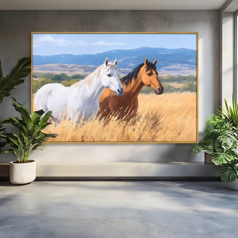 Tablou canvas cu tablou canvas cu doi cai in lan, in rama de aluminiu auriu
